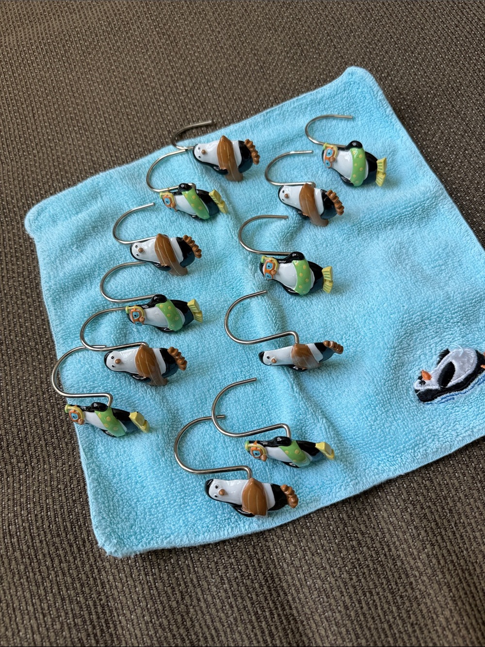 Penguin Shower Curtain Hooks in Blue, Green, Yellow, Brown